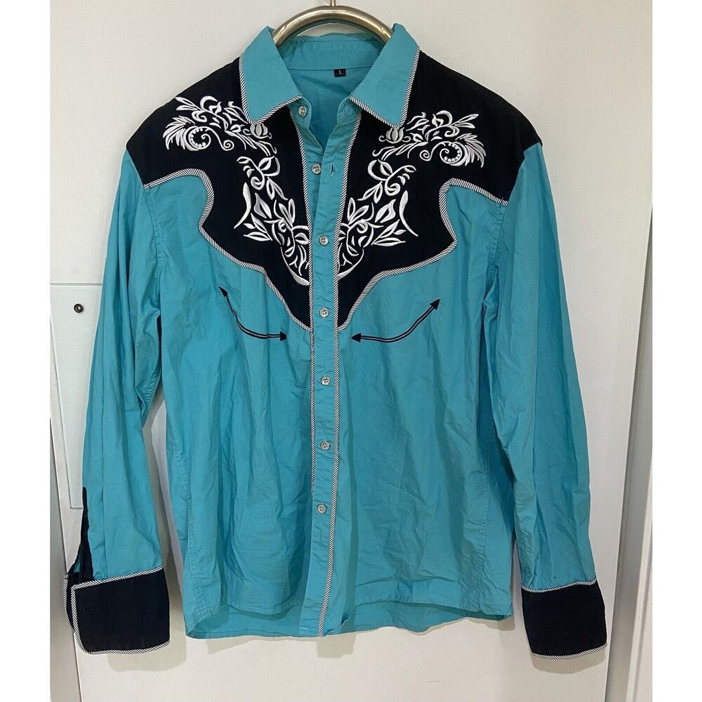 Daupanzees Men's Long Sleeve Embroidered Slim Fit Blue Button Down Shirt L